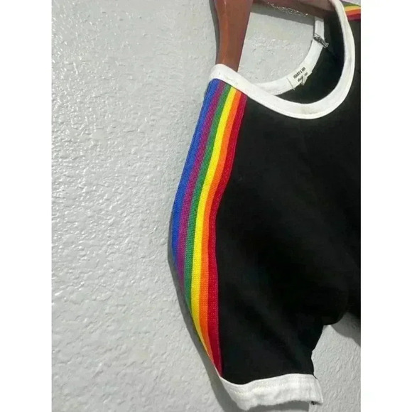 Rainbow sleeve black form fitting small woman’s dress by Heart & Hips - Picture 2 of 7